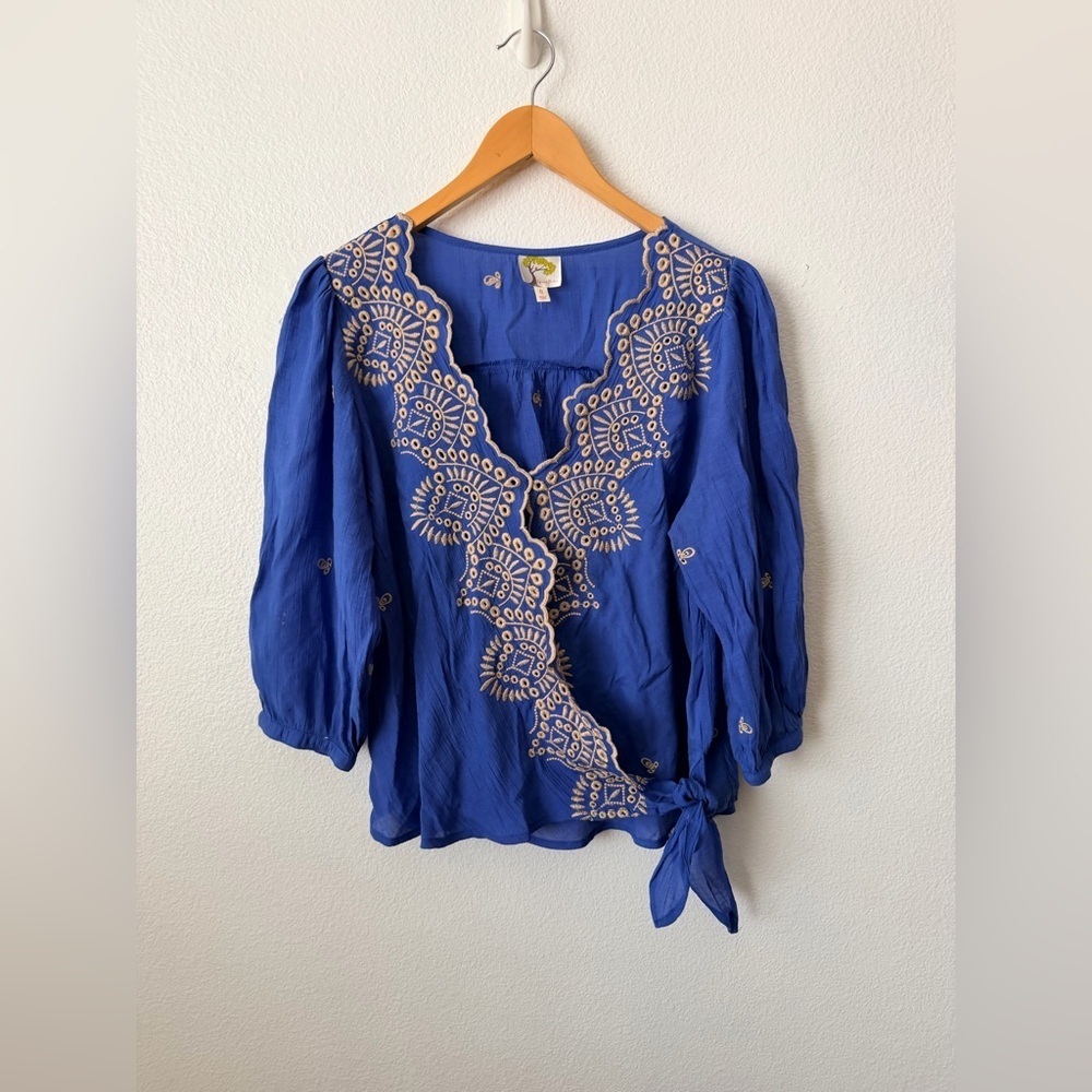 Fig & Flower Blue/Brown Embroidery 3/4 Sleeve Blouse Tunic Top Boho Sz Small - Picture 1 of 10